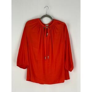 Chicos Shirred Tie Neck Raglan Sleeve Blouse Womens Large Persimmon Orange New